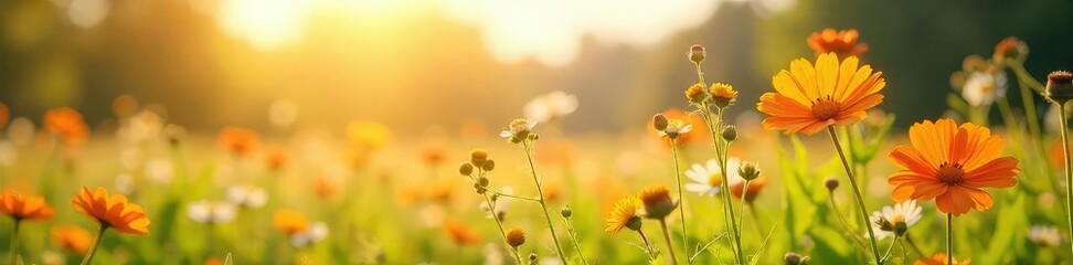 Obraz premium A sun-drenched field of wildflowers swaying gently in a soft breeze, radiating serenity and joy Perfect for concepts of peace, contentment, and simple pleasures , picturesque, blue, bright