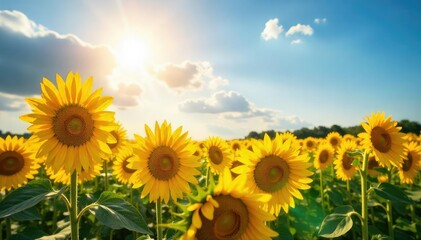 Obraz premium A vibrant sun shines down on a field of blooming sunflowers, creating a joyful and carefree scene Perfect for themes of positivity, optimism, and summer bliss , serene, cheerful, summer