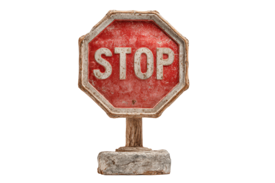 PNG Weathered red stop sign with stone base on black background