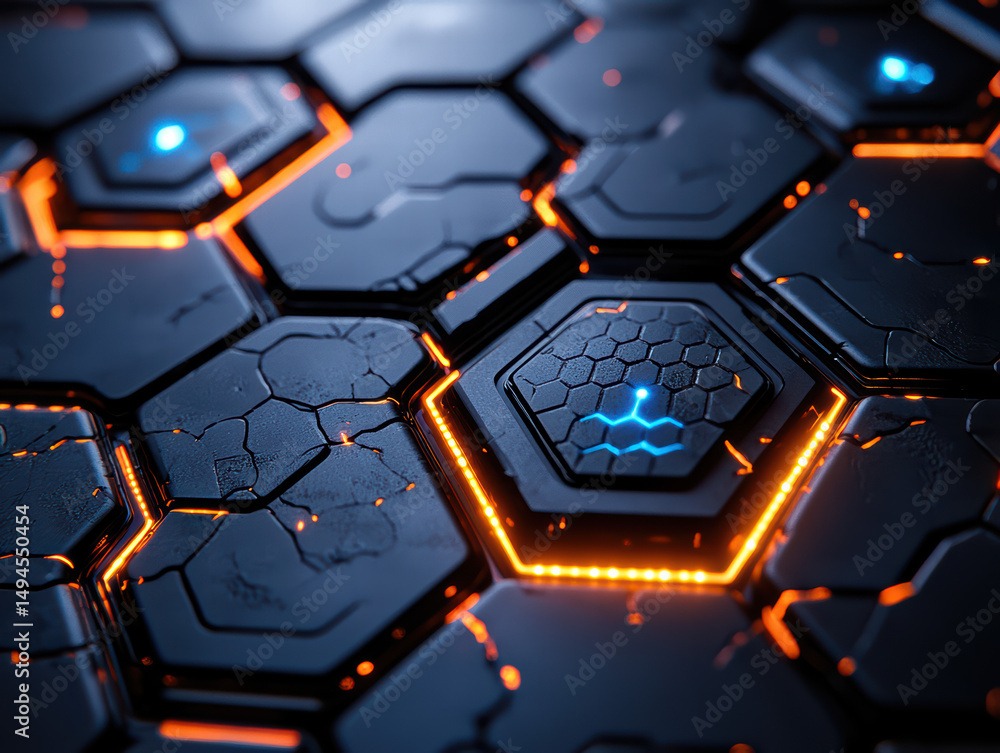 Poster futuristic tech hexagons: a stunning view of interconnected futuristic tech hexagons, with intricate