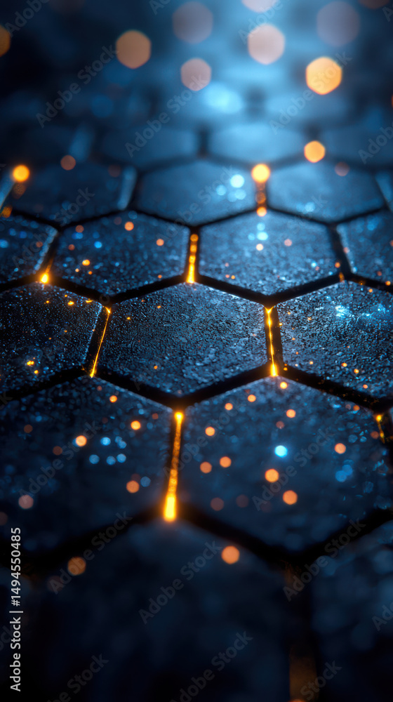 Poster cybernetic honeycomb: a mesmerizing close-up of a cybernetic honeycomb, each cell glowing with intri