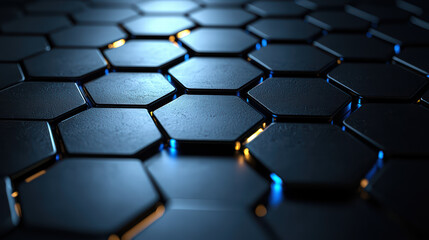 Obraz premium Abstract Hexagon Grid: An intricate, detailed arrangement of dark, hexagonal cells, subtly lit, suggesting a network of connections and technological depth. The image has an enigmatic.