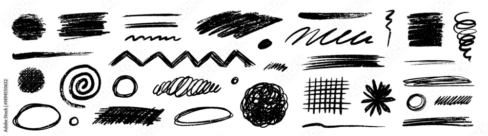 Poster pencil brush crayon marker chalk texture line stroke element set. hand drawn crayon pencil brush str