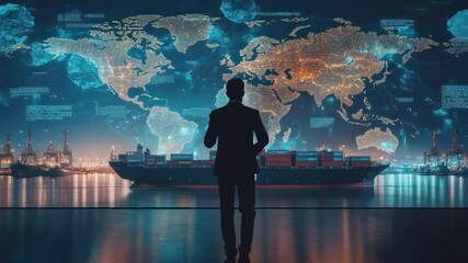 Global Logistics Visionary: A lone businessman stands before a futuristic holographic world map, showcasing global trade routes and data streams, with a cargo ship at harbor in the foreground. - Powered by Adobe