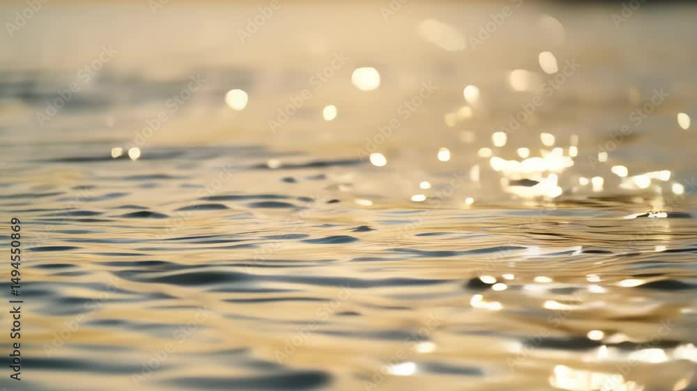Poster golden sunlight reflecting on calm ocean surface with gentle ripples and soft bokeh highlights creat