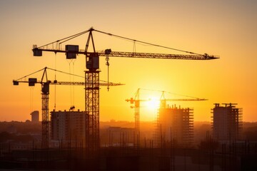 Silhouettes of construction cranes at sunset over a developing urban skyline.