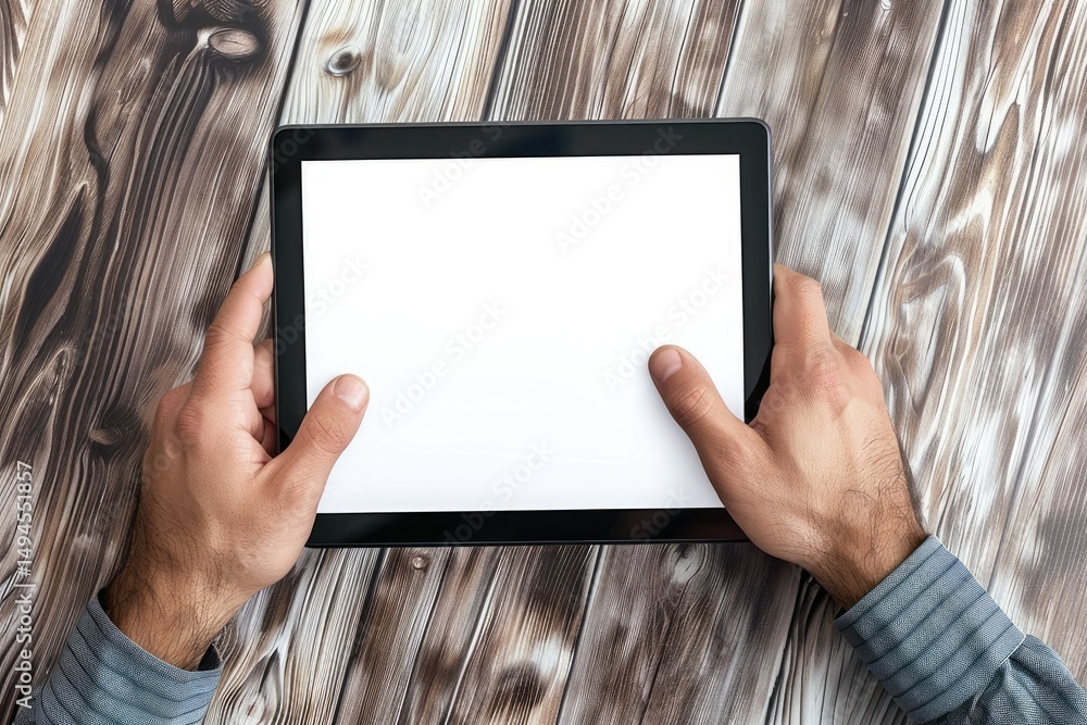 Poster clear pixel image of top view of young man worker using on modern touchscreen tablet