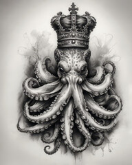 Majestic octopus wearing a crowning symbol of power in surreal ink artwork