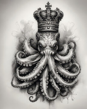 Majestic octopus wearing a crowning symbol of power in surreal ink artwork