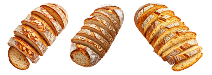 Set of Rustic multigrain baked bread loaf with oat toppings, isolated on white transparent background.