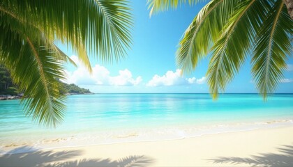 Idyllic beach scene featuring crystal turquoise ocean, palm fronds, and a serene sky backdrop.
