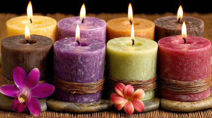 Colorful scented candles with natural flowers create warm and relaxing ambiance