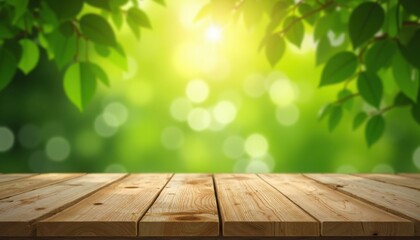 Sunlight filters through green leaves creating bokeh over a light wooden surface area table.