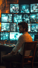 Surveillance Insight: A focused individual sits poised amidst a network of monitors, conveying an aura of vigilance and strategic observation, immersed in an atmosphere of intense focus.