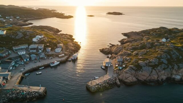 Picturesque coastal village in Newfoundland illuminated by golden hour light
