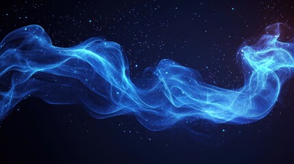 Abstract blue glowing wave with particles on dark background.