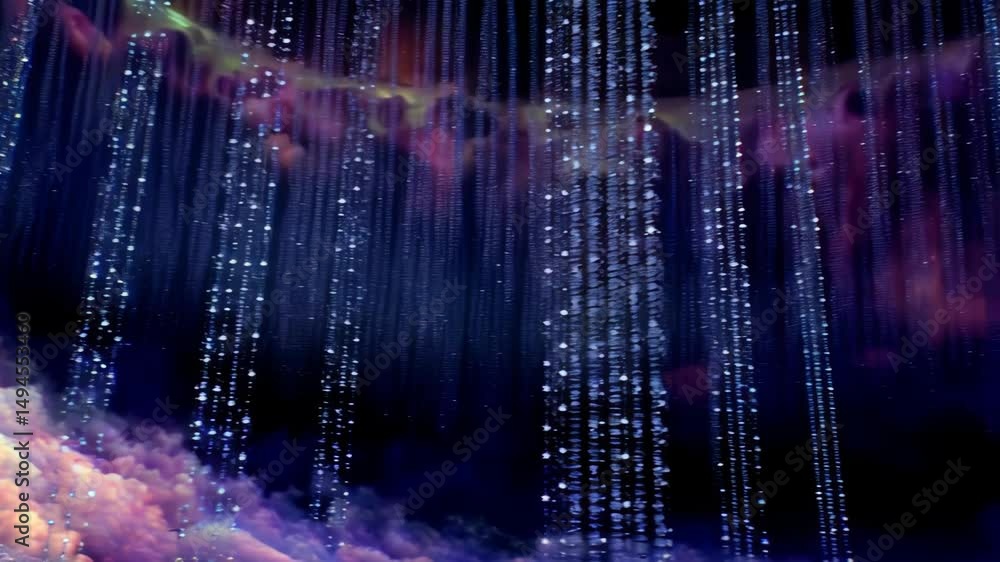 Poster dreamlike ethereal sky scene with bright light shining through strings of sparkling stars and textur
