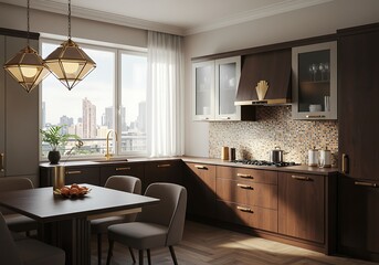 Art Deco Kitchen:  Elegant Dark Wood Cabinets, Geometric Lighting, and City View