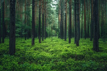 Obraz premium Dense forest with tall trees and lush green undergrowth on a misty day.