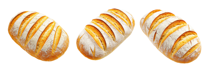 Set of loaf of wheat bread showing its golden crust and soft interior, isolated on white transparent background.