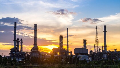 Fototapeta premium Oil refinery silhouette at sunset.