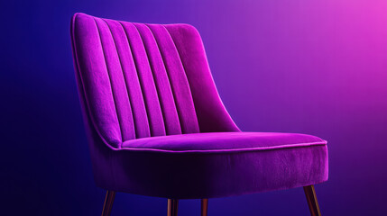 Obraz premium Luxurious Velvet Chair in Vivid Color: A sumptuous, modern chair, upholstered in rich velvet and bathed in a gradient of purple and violet hues. Embodying sophisticated design.