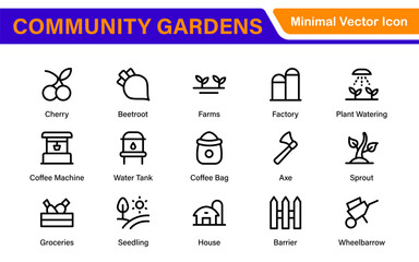 Modern Urban Farming Icons for Community Gardens – Clean Outline, Line Art, Vector Illustrations for Sustainable Farming, Urban Green Projects, and Apps