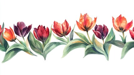 Fototapeta premium Colorful tulip blossoms form a decorative horizontal border.