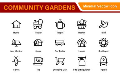 Modern Urban Farming Icons for Community Gardens – Clean Outline, Line Art, Vector Illustrations for Sustainable Farming, Urban Green Projects, and Apps
