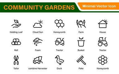 Modern Urban Farming Icons for Community Gardens &ndash; Clean Outline, Line Art, Vector Illustrations for Sustainable Farming, Urban Green Projects, and Apps