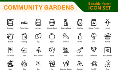 Modern Urban Farming Icons for Community Gardens – Clean Outline, Line Art, Vector Illustrations for Sustainable Farming, Urban Green Projects, and Apps
