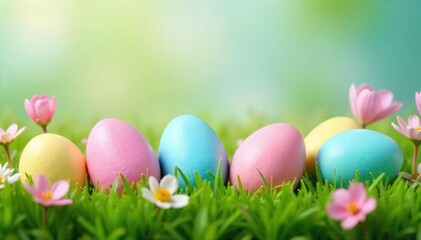 Fototapeta premium Pastel colored Easter eggs nestled in spring flowers and green grass, creating a cheerful springtime backdrop , easter elements, easter chick, holiday