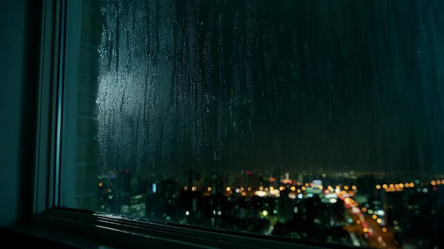 Raindrops on window with city lights at night, creating a moody atmosphere and blurred cityscape view on a rainy night