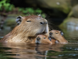 Capybara Cuddling with Babies in Water / 물속에서 새끼를 껴안는 카피바라