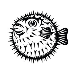 Pufferfish with Spikes in Black and White Color on Isolated Background