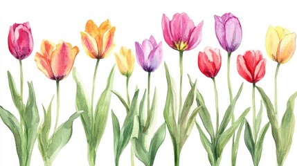 Watercolor depiction of vibrant tulips in various hues.