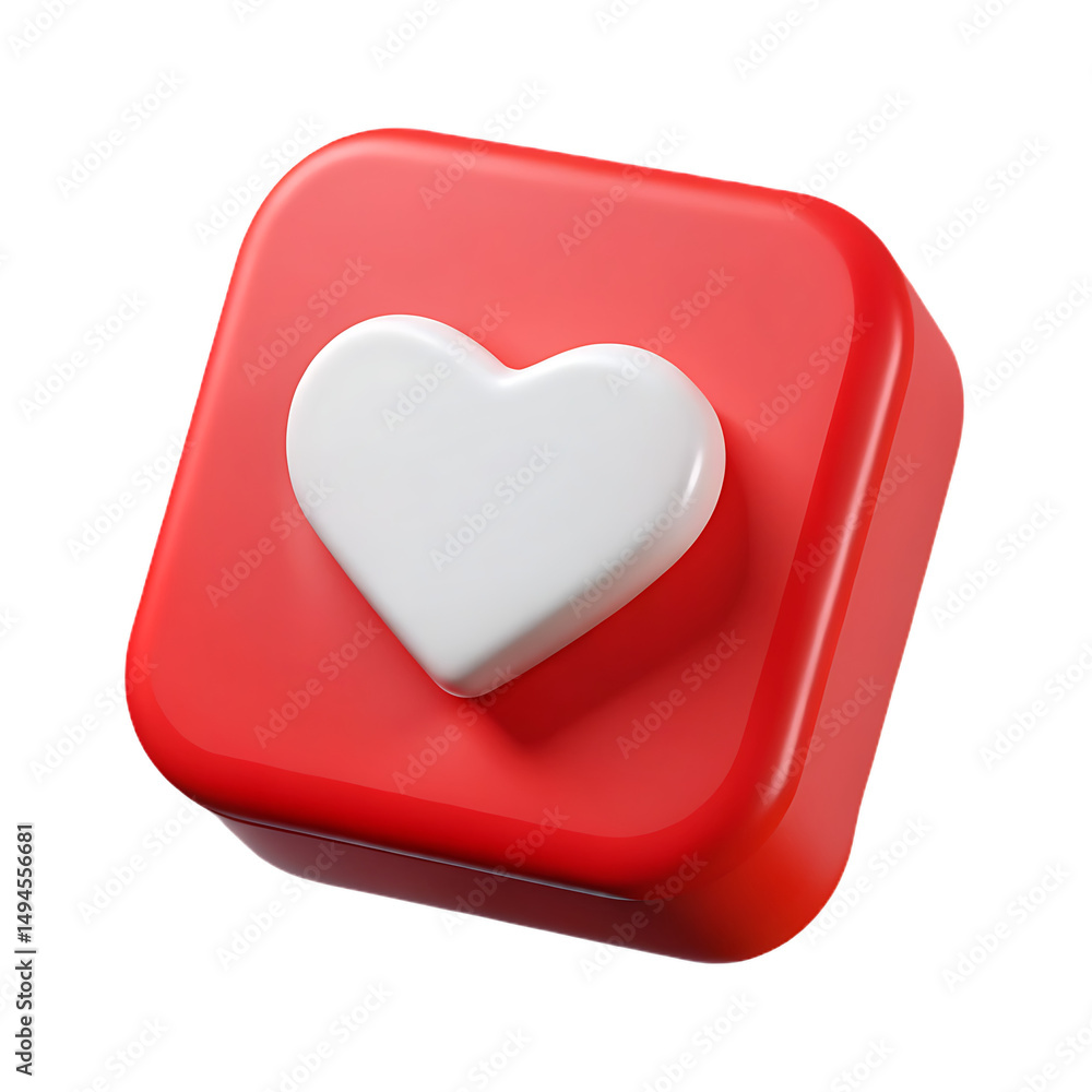 Wall mural red square button with white heart 3d render isolated on transparent background