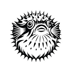 Stylized Pufferfish Black Ink Outline, Round Shape, Spiky Texture, Eyes Detail