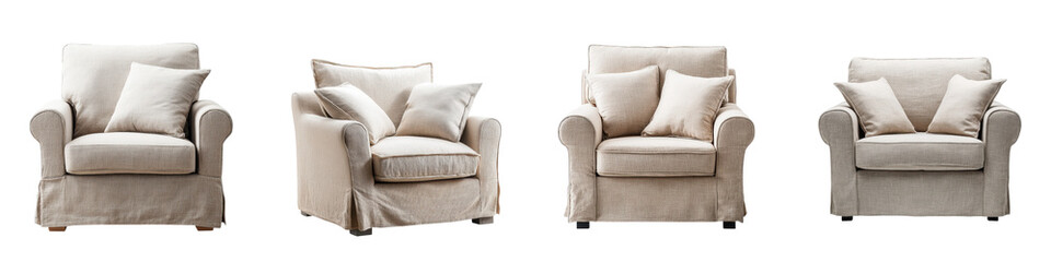 Fototapeta premium A collection of plush beige armchairs with soft cushions and pillows showcasing a modern and sophisticated living room design