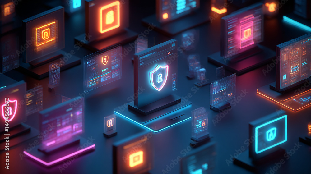 Poster cybersecurity network with multiple screens displaying security shields and data in a futuristic sty