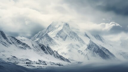 Snow-covered mountain peaks enveloped in clouds under a moody sky.