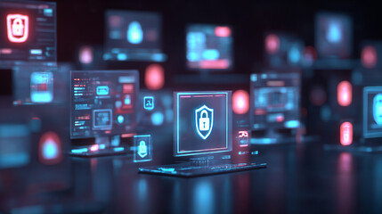 Fototapeta premium Cybersecurity network with multiple computers displaying security icons in a digital environment