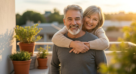 Fototapeta premium Happy Senior Couple Embracing on Balcony at Sunset..