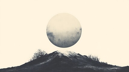 Abstract landscape with a suspended celestial sphere over a solitary peak