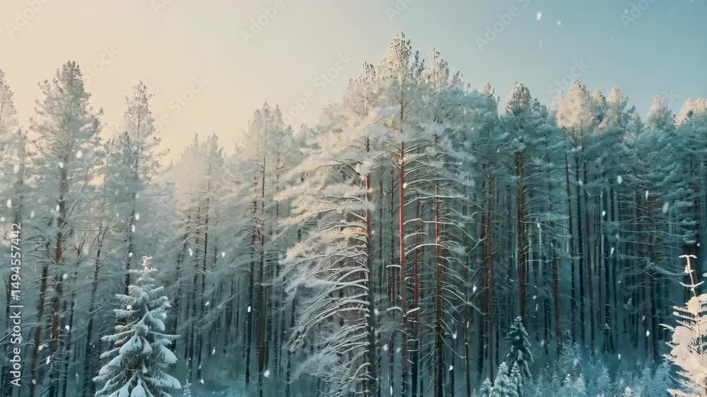 Poster snow-covered evergreen trees in a silent winter forest under a hazy white sky with gentle snowfall a