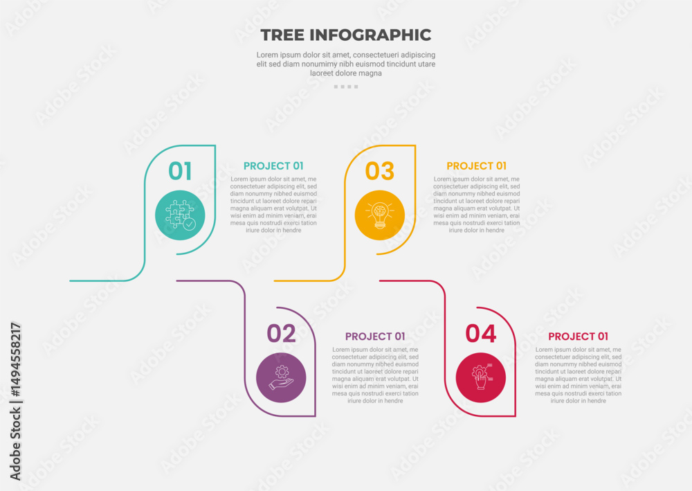 Poster tree shape visualization infographic outline style with 4 point template with horizontal falling tre