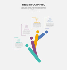 tree shape visualization infographic outline style with 4 point template with long rectangle line curve wave together for slide presentation