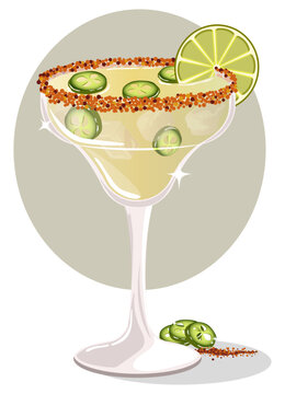 Isolated Spicy Margarita Illustration: Jalape&ntilde;os, Lime & Salt Rim
