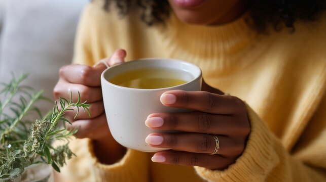 Warm cup of herbal tea enjoyed indoors during a cozy afternoon while dressed in a soft knit sweater