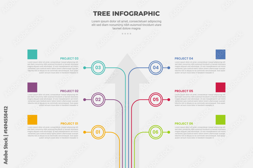 Aufkleber tree shape visualization infographic outline style with 6 point template with standing line on top d